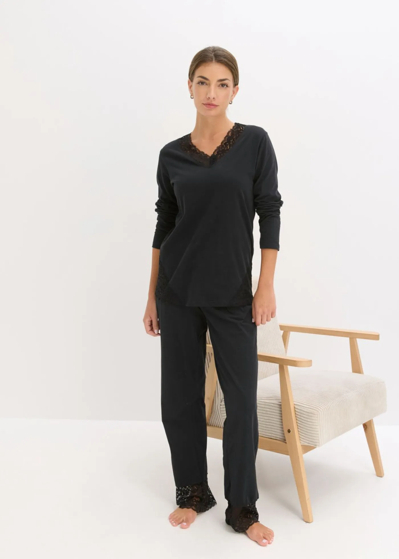 bonprix bonprix Pijama con encaje delicado Negro Online