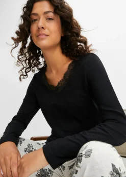 bonprix bonprix Pijama con encaje discreto Negro-natural jaspeado de flores Discount