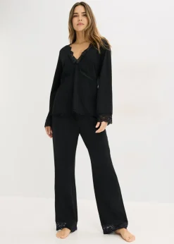 bonprix bonprix Pijama con ribete de encaje Negro Hot