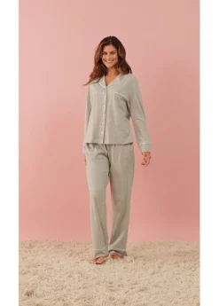 bonprix bonprix Pijama con viscosa y botones Gris claro jaspeado-blanco Best