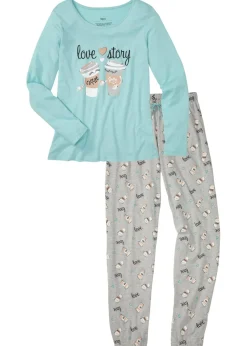 bonprix bonprix Pijama de algodón orgánico Verde agua pastel-gris claro jaspeado estampado Clearance