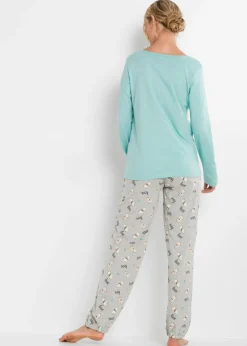 bonprix bonprix Pijama de algodón orgánico Verde agua pastel-gris claro jaspeado estampado Clearance