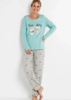 bonprix bonprix Pijama de algodón orgánico Verde agua pastel-gris claro jaspeado estampado Clearance