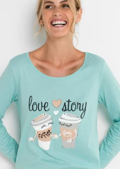 bonprix bonprix Pijama de algodón orgánico Verde agua pastel-gris claro jaspeado estampado Clearance