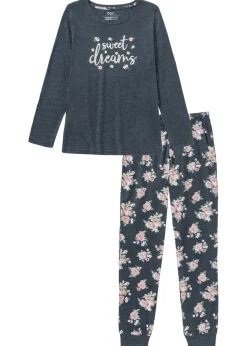 bonprix bonprix Pijama de algodón orgánico Azul jaspeado de flores Clearance