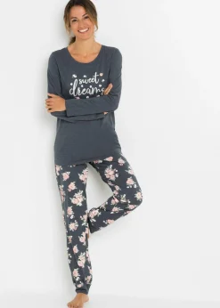 bonprix bonprix Pijama de algodón orgánico Azul jaspeado de flores Clearance