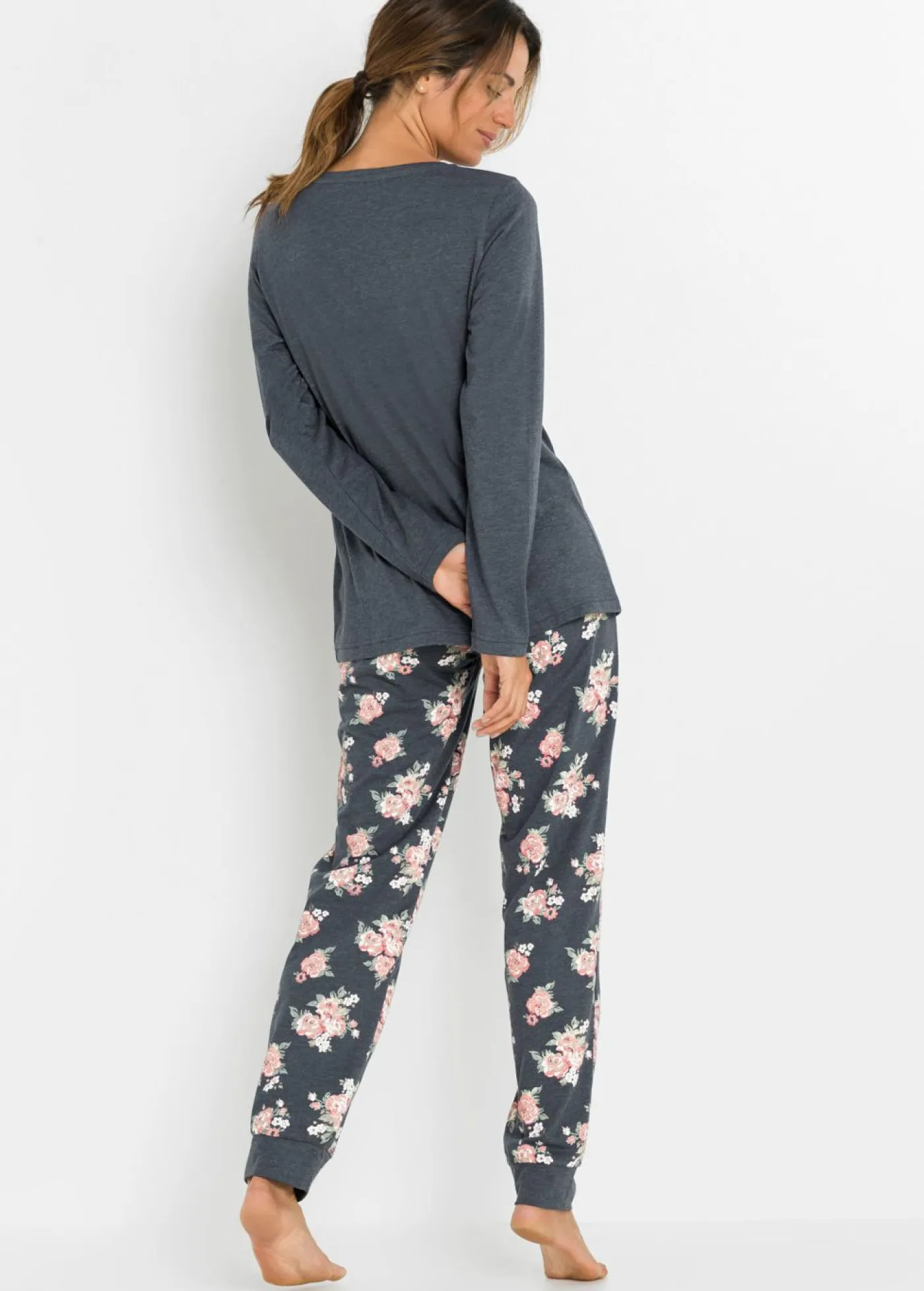 bonprix bonprix Pijama de algodón orgánico Azul jaspeado de flores Clearance