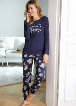 bonprix bonprix Pijama de algodón orgánico Azul jaspeado de flores Clearance