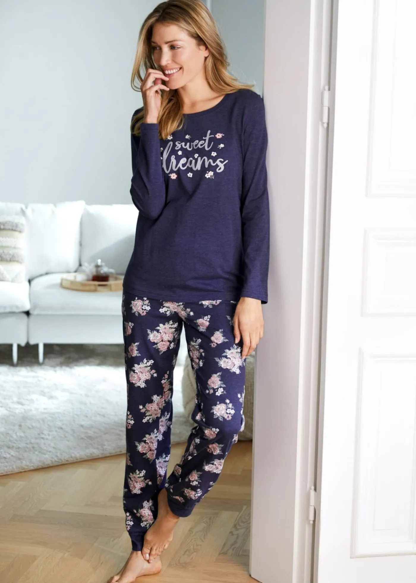 bonprix bonprix Pijama de algodón orgánico Azul jaspeado de flores Clearance