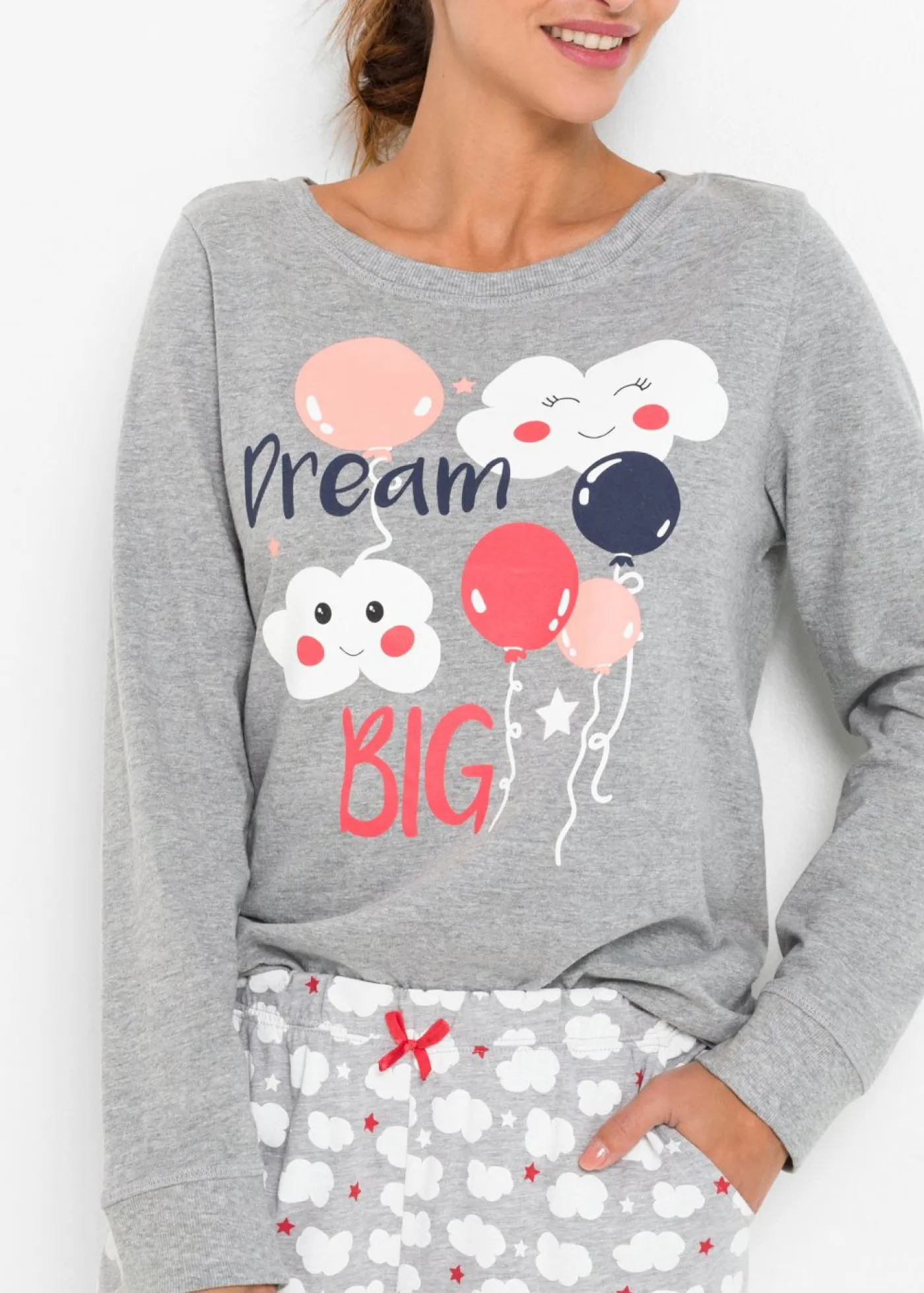 bonprix bonprix Pijama de algodón orgánico Gris claro jaspeado con estampado Sale