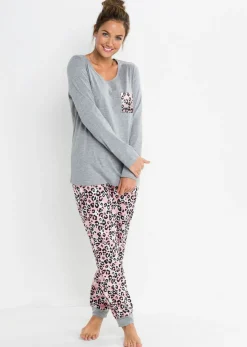bonprix bonprix Pijama de algodón orgánico Gris jaspeado con estampado rosa Clearance