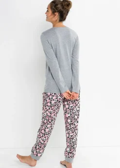 bonprix bonprix Pijama de algodón orgánico Gris jaspeado con estampado rosa Clearance