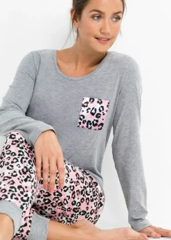 bonprix bonprix Pijama de algodón orgánico Gris jaspeado con estampado rosa Clearance