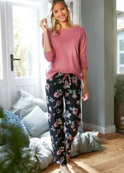 bonprix bonprix Pijama de algodón orgánico puro Sorbete de frambuesa-negro de flores Discount