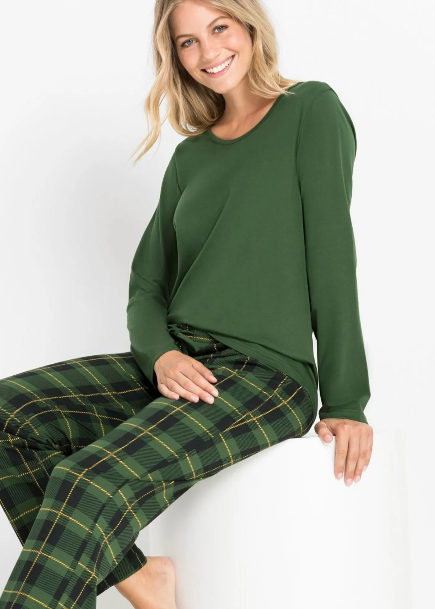 bonprix bonprix Pijama de algodón orgánico puro Verde de cuadros Online