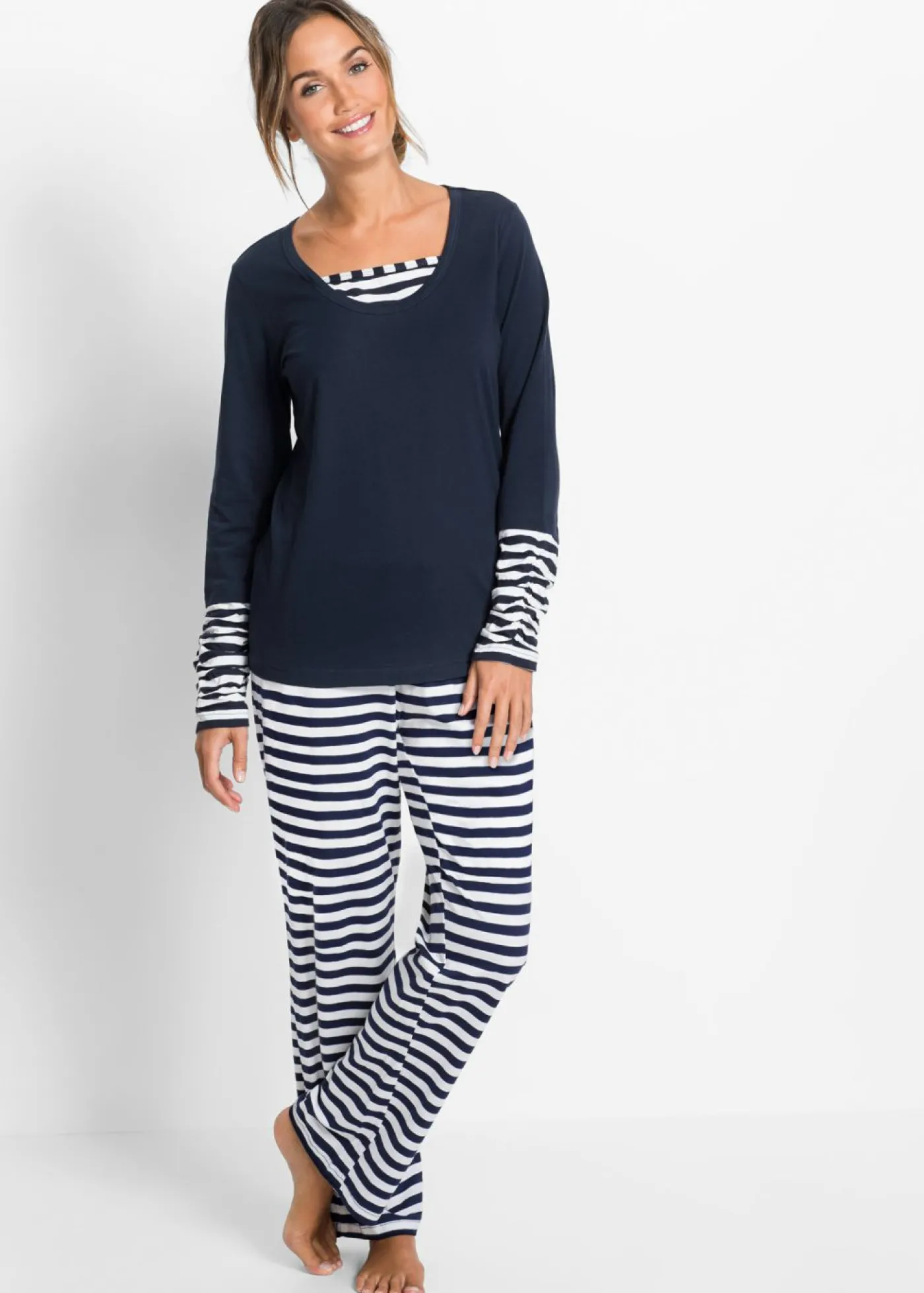 bonprix bonprix Pijama de algodón orgánico puro blanco-azul marino Best