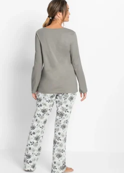 bonprix bonprix Pijama de algodón orgánico puro plata / carbón / blanco / pizarra / gris con flores Clearance