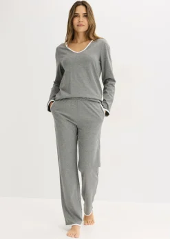 bonprix bonprix Pijama de algodón puro Gris jaspeado-blanco New