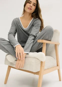bonprix bonprix Pijama de algodón puro Gris jaspeado-blanco New