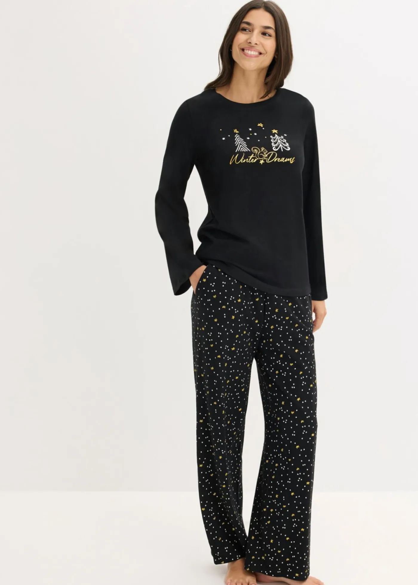 bonprix bonprix Pijama de algodón puro con estampado brillante Negro Discount