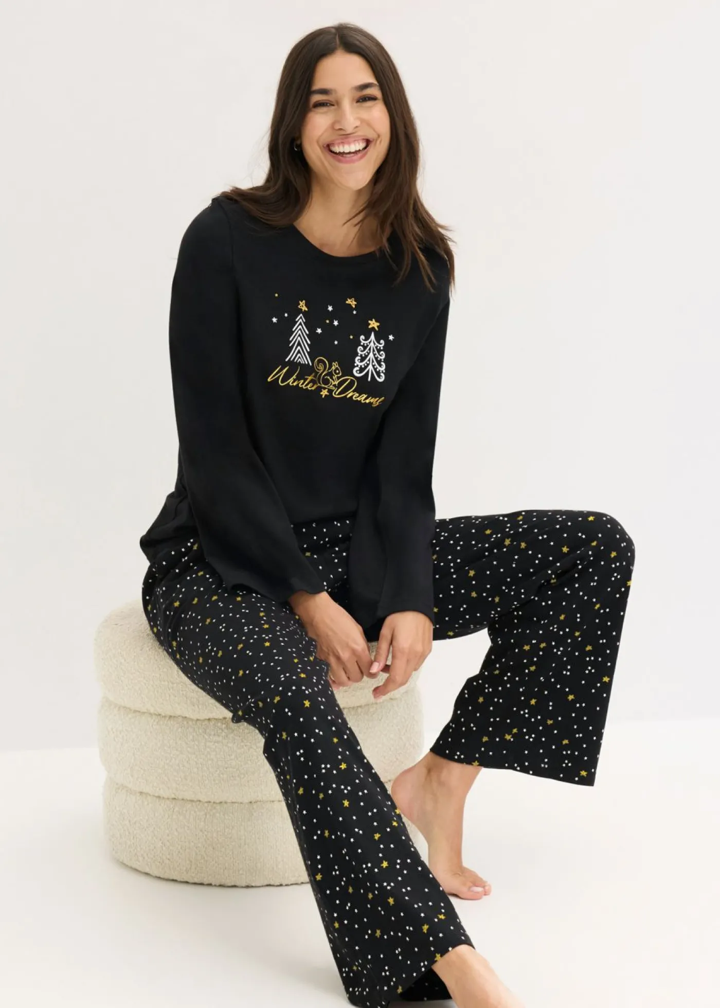 bonprix bonprix Pijama de algodón puro con estampado brillante Negro Discount