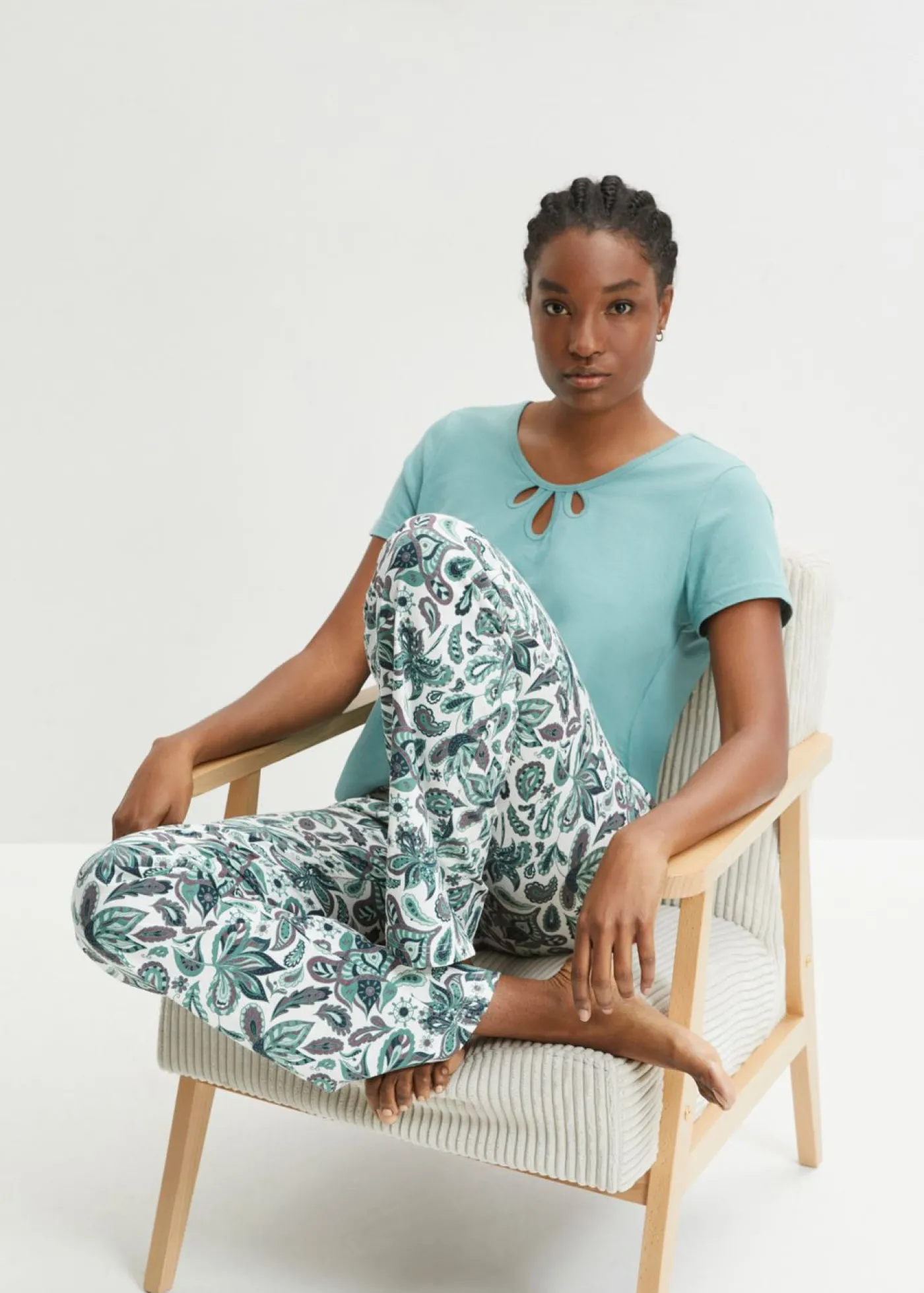 bonprix bonprix Pijama de algodón puro (3 piezas) azul marino + salvia ahumado Outlet