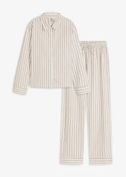 bonprix bonprix Pijama de algodón tejido con corte holgado blanco lana-marrón mate con rayas Outlet