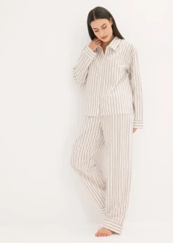 bonprix bonprix Pijama de algodón tejido con corte holgado blanco lana-marrón mate con rayas Outlet