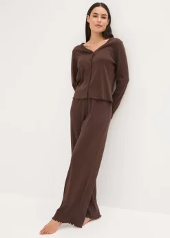 bonprix bonprix Pijama de canalé con botones Marrón oscuro Outlet