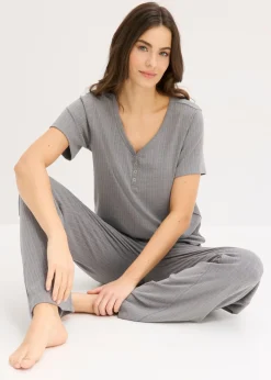 bonprix bonprix Pijama de canalé con viscosa gris moteado Sale
