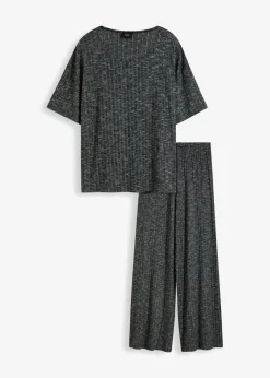 bonprix bonprix Pijama de canalé oversize negro / gris claro moteado New