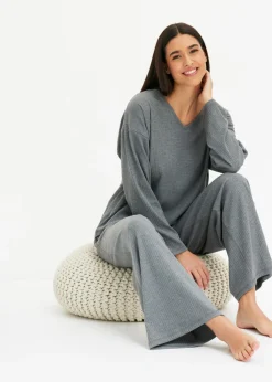 bonprix bonprix Pijama de canalé suave gris jaspeado moteado Outlet