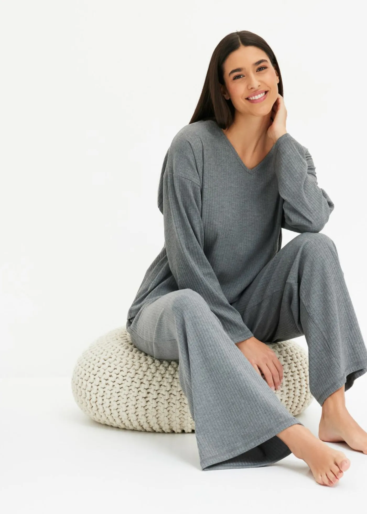 bonprix bonprix Pijama de canalé suave gris jaspeado moteado Outlet