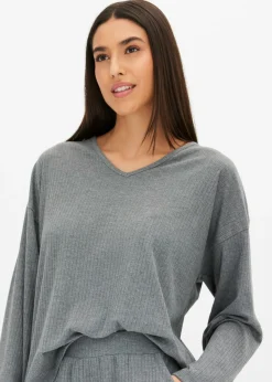 bonprix bonprix Pijama de canalé suave gris jaspeado moteado Outlet