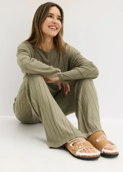 bonprix bonprix Pijama de canalé suave Verde oliva Outlet