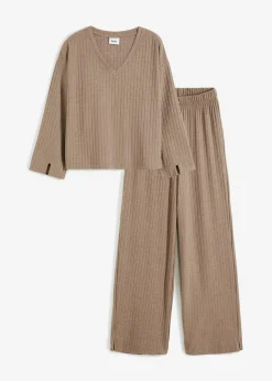 bonprix bonprix Pijama de canalé suave con perneras anchas taupe