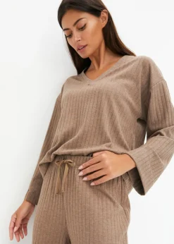 bonprix bonprix Pijama de canalé suave con perneras anchas taupe