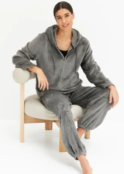 bonprix bonprix Pijama de felpa agradable negro-gris ahumado con rayas Best