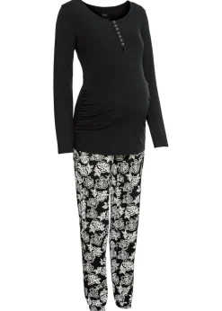 bonprix bonprix Pijama de lactancia con algodón orgánico Negro de flores Outlet