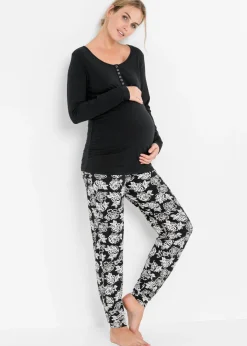 bonprix bonprix Pijama de lactancia con algodón orgánico Negro de flores Outlet