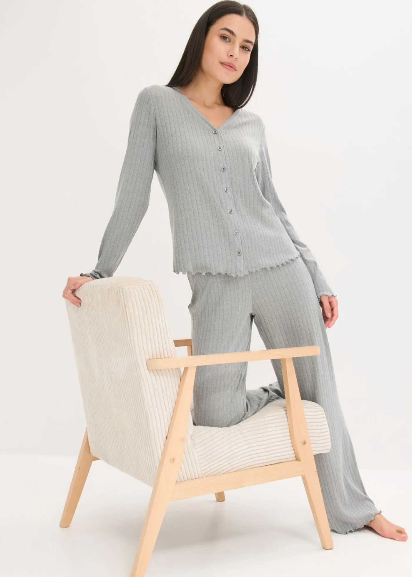 bonprix bonprix Pijama de pointelle suave gris jaspeado moteado Best