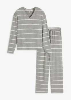 bonprix bonprix Pijama holgado de tejido suave gris jaspeado-natural jaspeado con rayas Discount