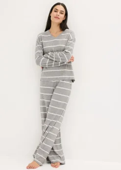 bonprix bonprix Pijama holgado de tejido suave gris jaspeado-natural jaspeado con rayas Discount