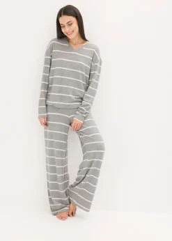 bonprix bonprix Pijama holgado de tejido suave gris jaspeado-natural jaspeado con rayas Discount
