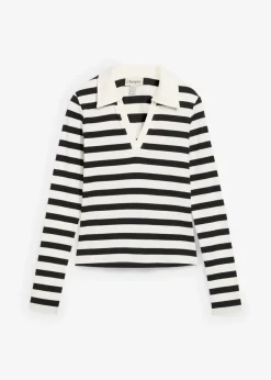bonprix bonprix Polo de canalé con manga larga blanco lana-negro con rayas Sale