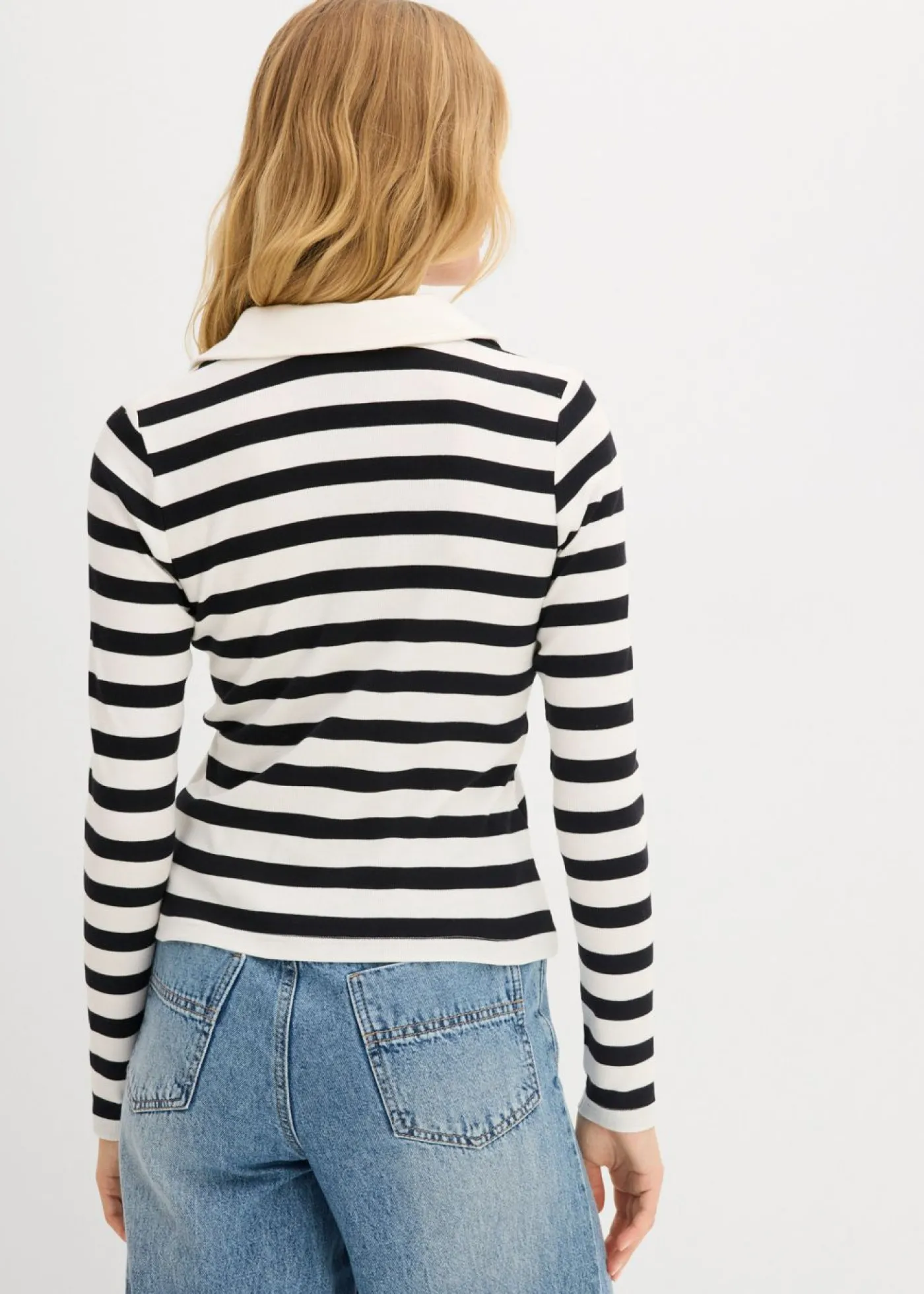 bonprix bonprix Polo de canalé con manga larga blanco lana-negro con rayas Sale