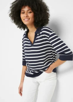bonprix bonprix Polo de mezcla de algodón y viscosa azul marino-blanco con rayas