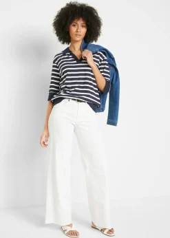 bonprix bonprix Polo de mezcla de algodón y viscosa azul marino-blanco con rayas
