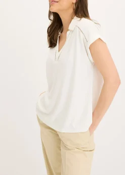 bonprix bonprix Polo de piqué de viscosa con inserto de encaje Blanco lana Online