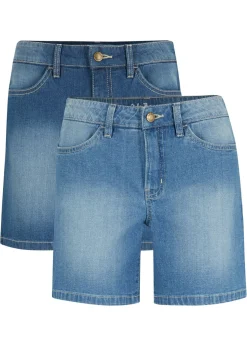 bonprix bonprix Shorts vaqueros, slim fit, mid waist, 2 unidades Azul claro + azul desgastado Sale